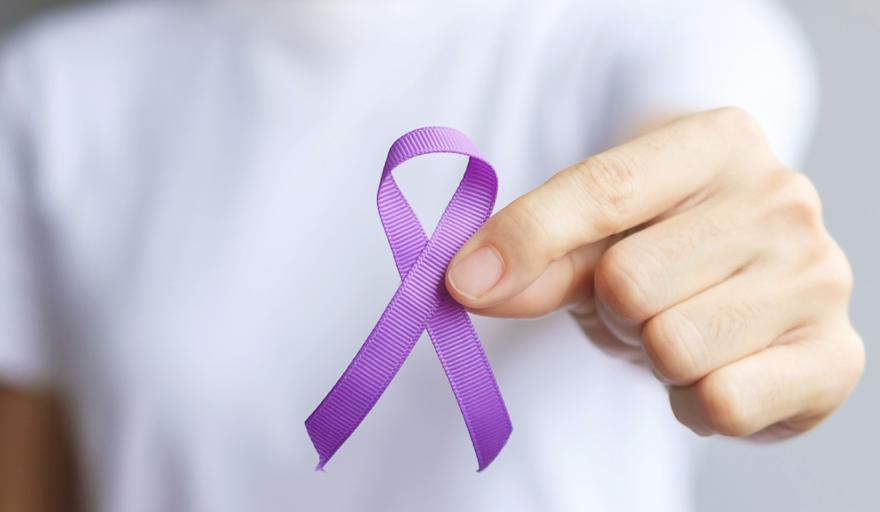 DV purple ribbon held by hand